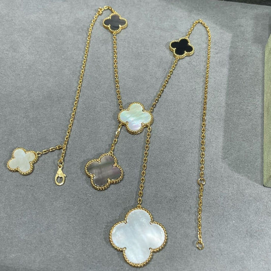 Mysitc CLOVER 6 MOTIF MOP ONYX GOLD NECKLACE