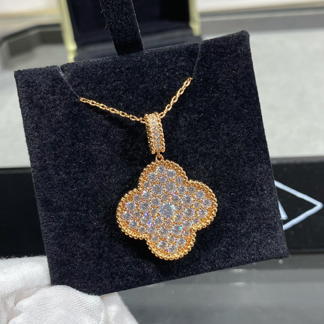 Mystic CLOVER 25MM LARGE PEDANT DIAMOND PAVED LONG NECKLACE