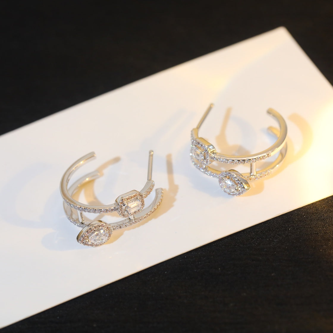 [Mystic ]CREOLES MY TWIN 2 RANGS SILVER DIAMOND EARRINGS