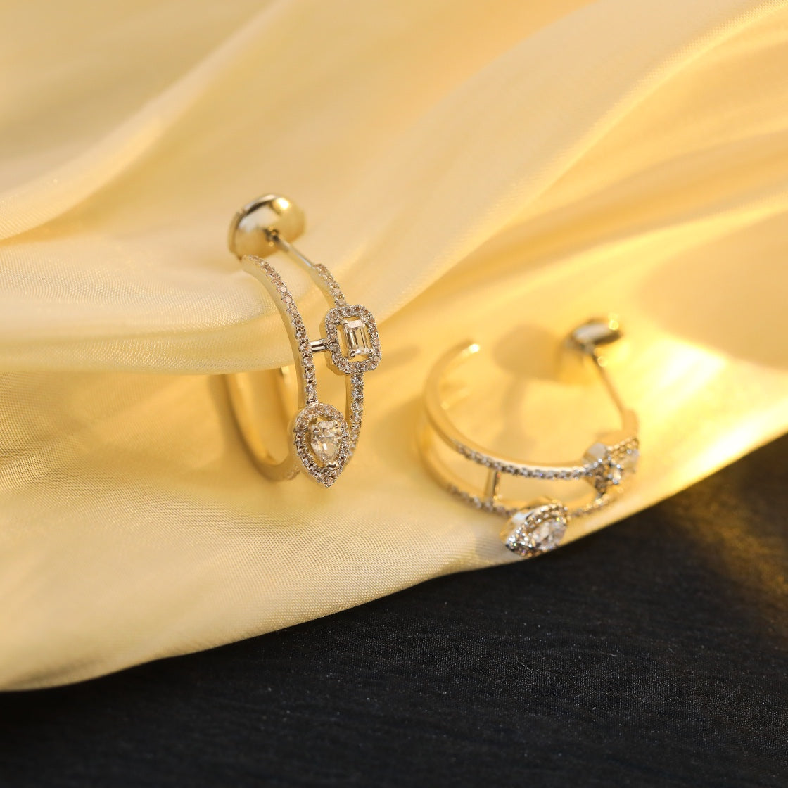 [Mystic ]CREOLES MY TWIN 2 RANGS SILVER DIAMOND EARRINGS